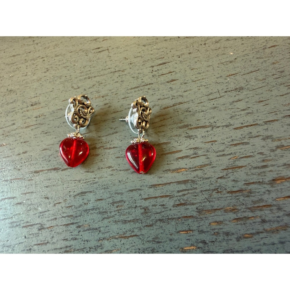 Red Glass Heart Drop Earrings Silver Tone Filigree Post Dangle Valentine Jewelry
